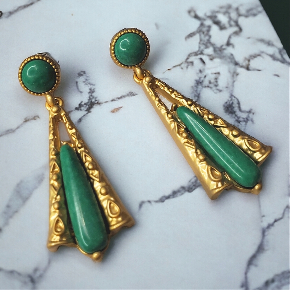 New Egyptian Revival Green Stone Dangle Earrings - Picture 3 of 3